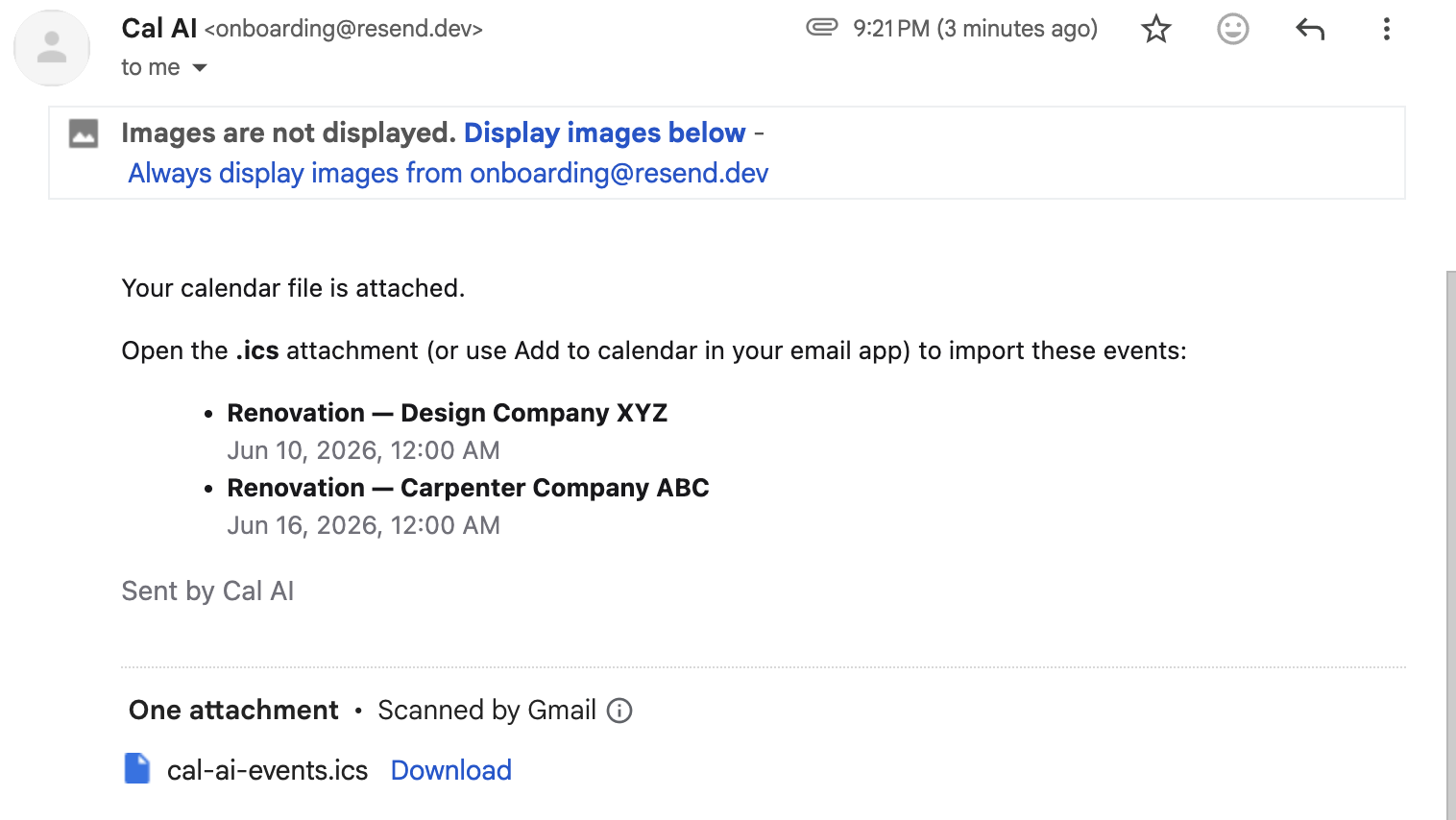 Calendar events emailed via Resend